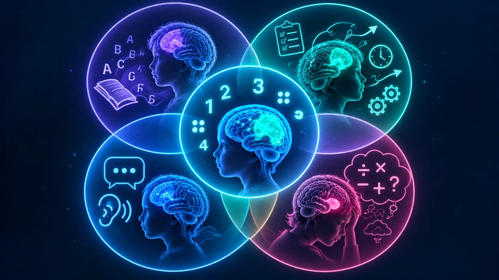 A diagram with dyscalculia at the centre overlapping with dyslexia, ADHD, developmental language difficulty, and maths anxiety, showing shared cognitive demands.