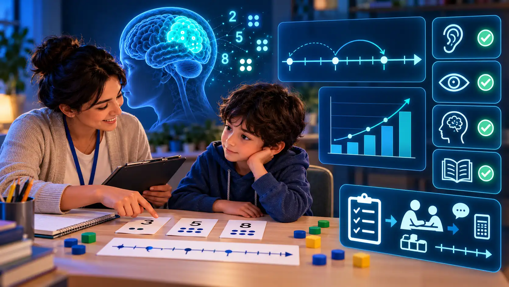 A supportive assessment session with a specialist and a young person at a table using number cards and a number line, with a simple progress chart and icons for considering hearing, vision, anxiety and instruction.