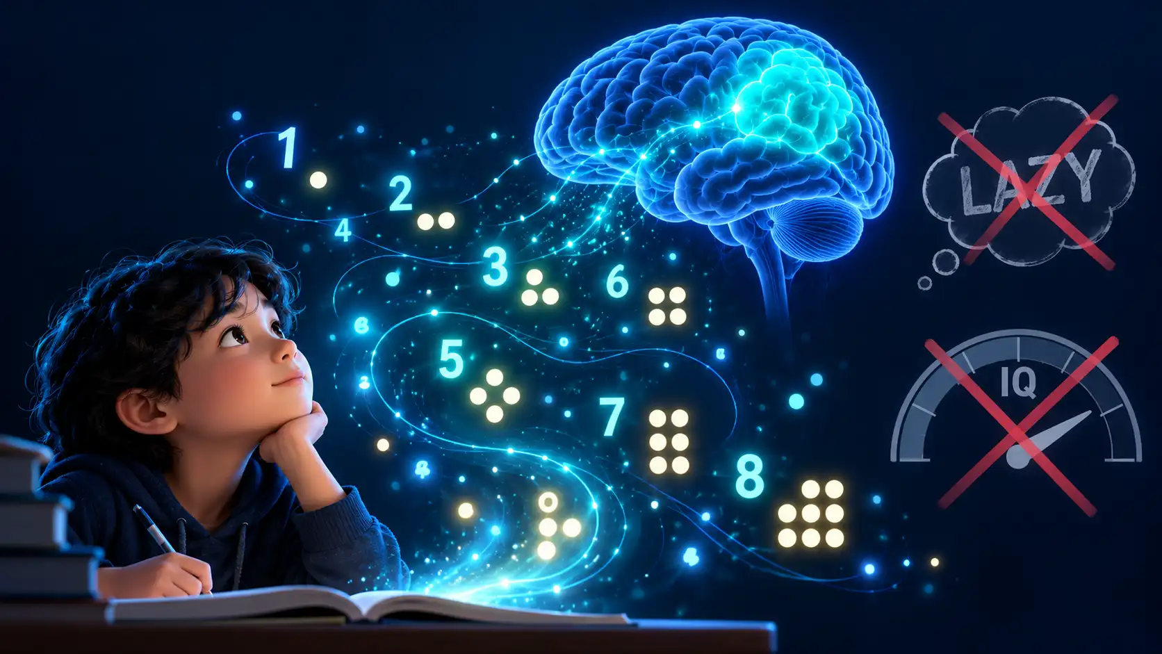A person looking at floating numerals and clusters of dots, with a glowing brain above and faded crossed-out icons for 'lazy' and an IQ gauge, conveying that dyscalculia is not about intelligence or effort.
