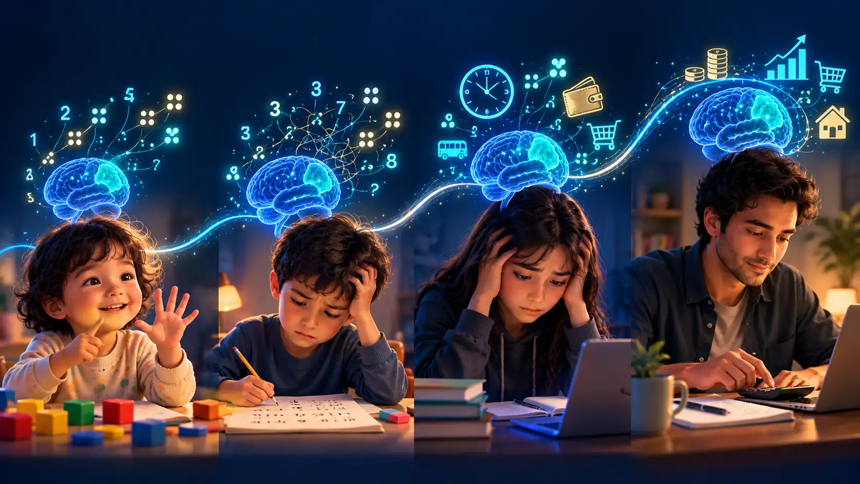 A timeline from preschool to adulthood showing how dyscalculia presents at each stage: difficulty counting, trouble with number facts, slow effortful arithmetic and maths anxiety, and difficulty with budgeting and time in adulthood.