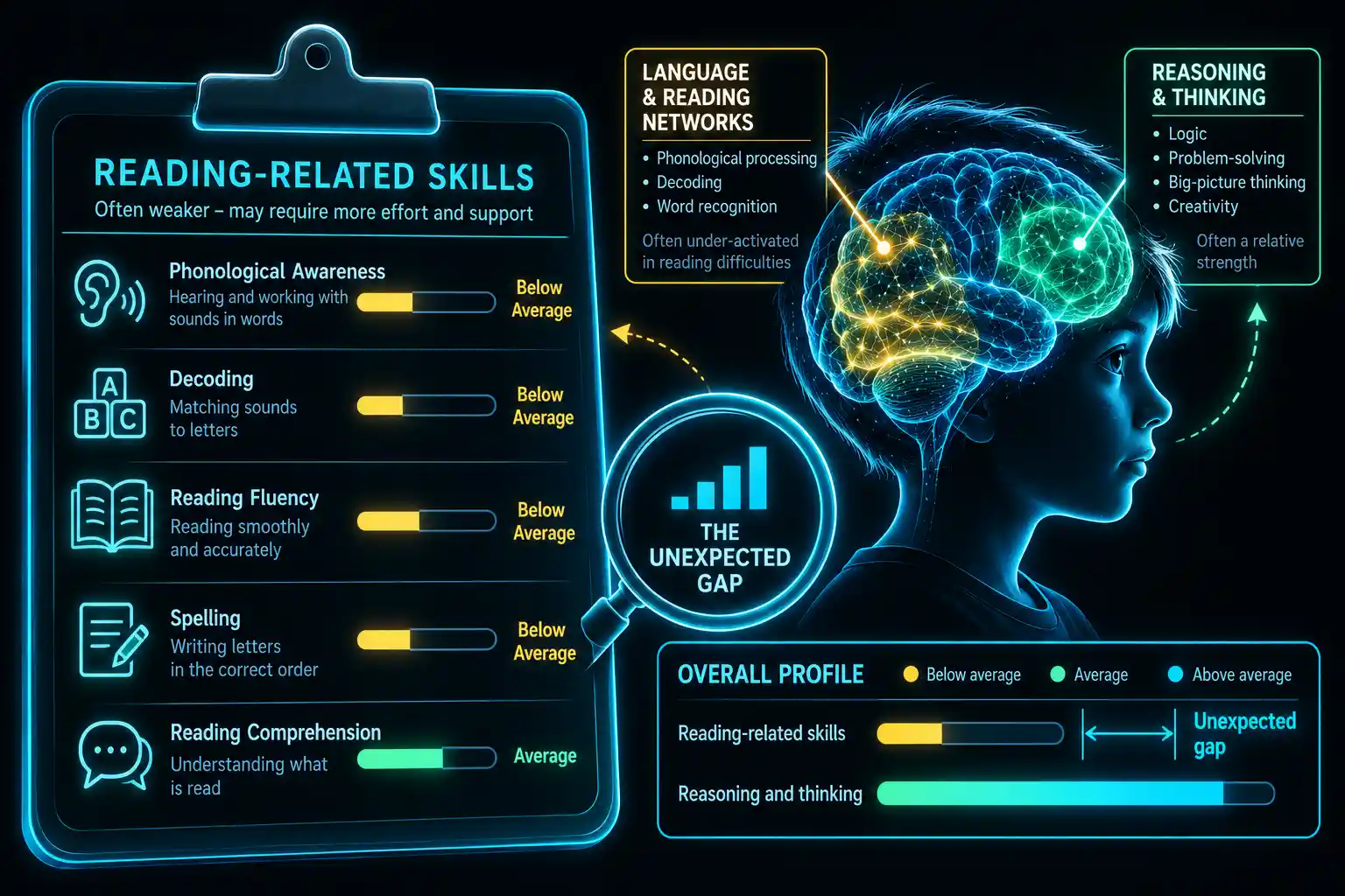 An assessment profile showing reading-related skills (phonological awareness, decoding, fluency, spelling) rated below average while reasoning and thinking are above average, illustrating 'the unexpected gap'.