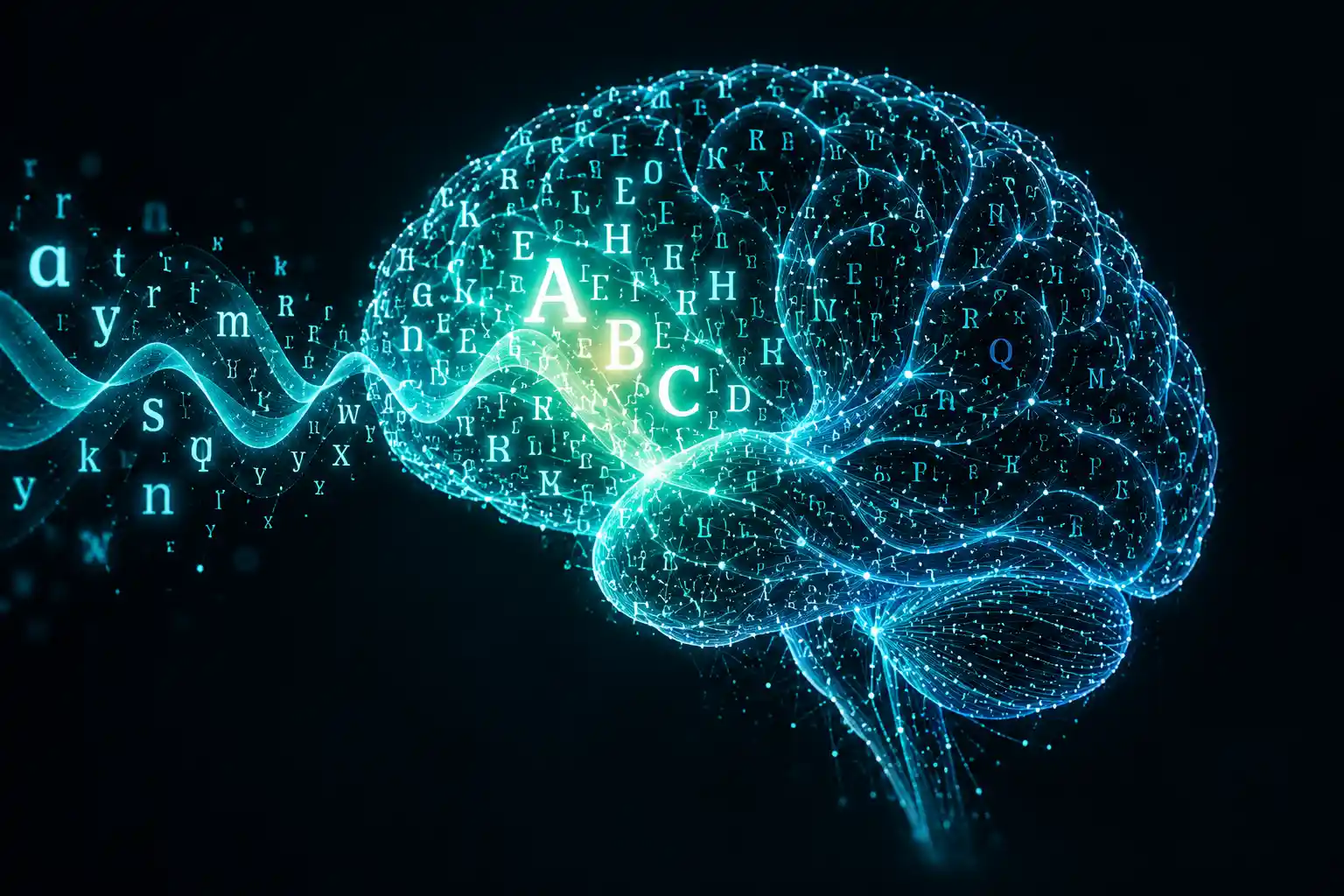 A stream of scattered letters flowing into a glowing brain where they resolve into ordered letters A, B, C.