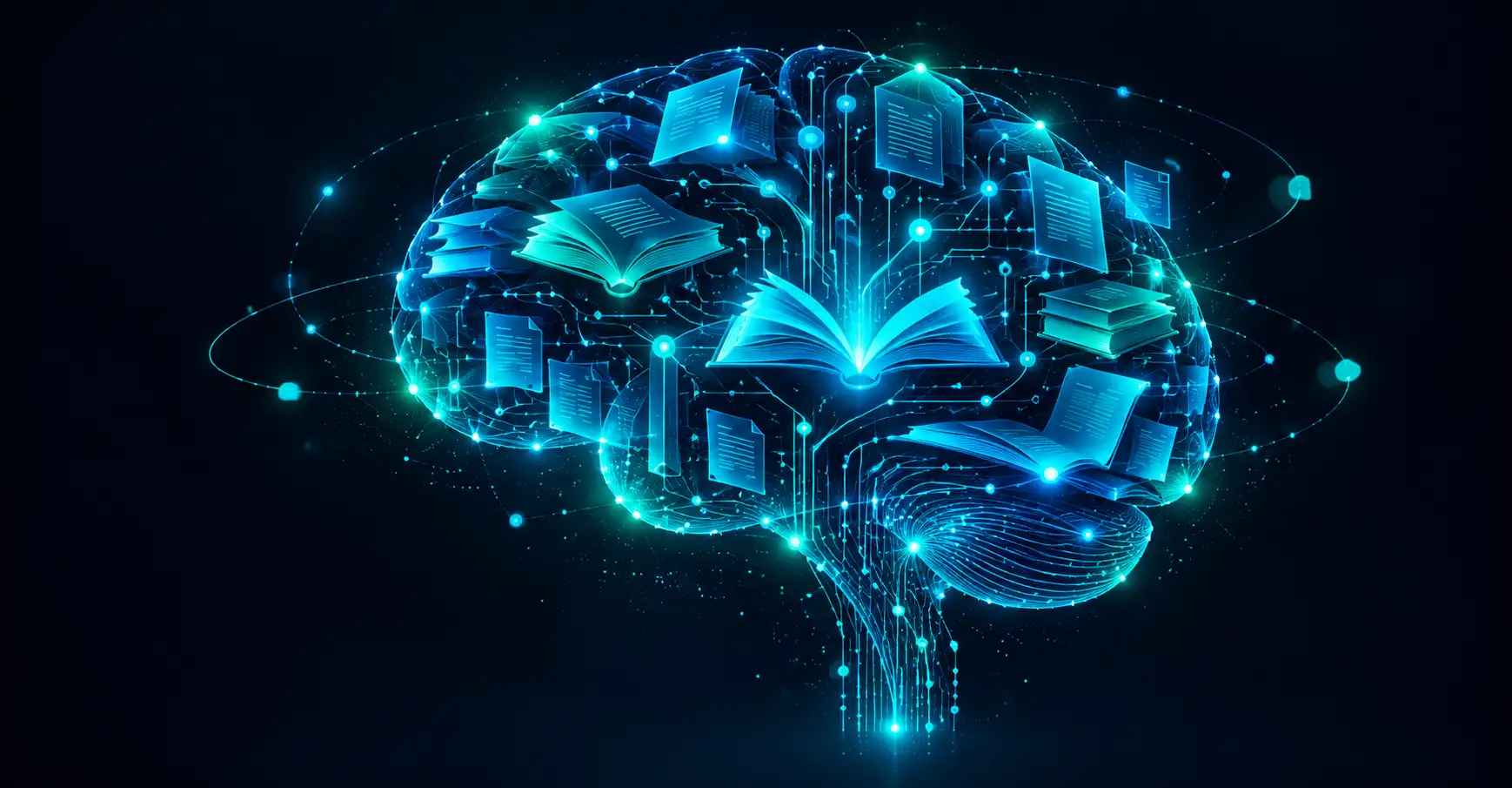 An abstract glowing brain formed from interconnected book, paper and circuit motifs in cyan and teal, symbolising evidence-based educational publishing.