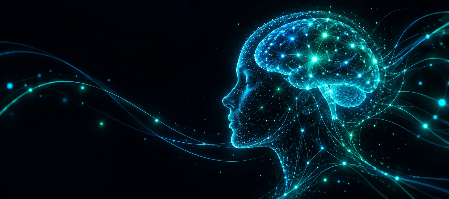 Abstract neural network forming a stylised human head in glowing cyan and teal on a deep near-black background.