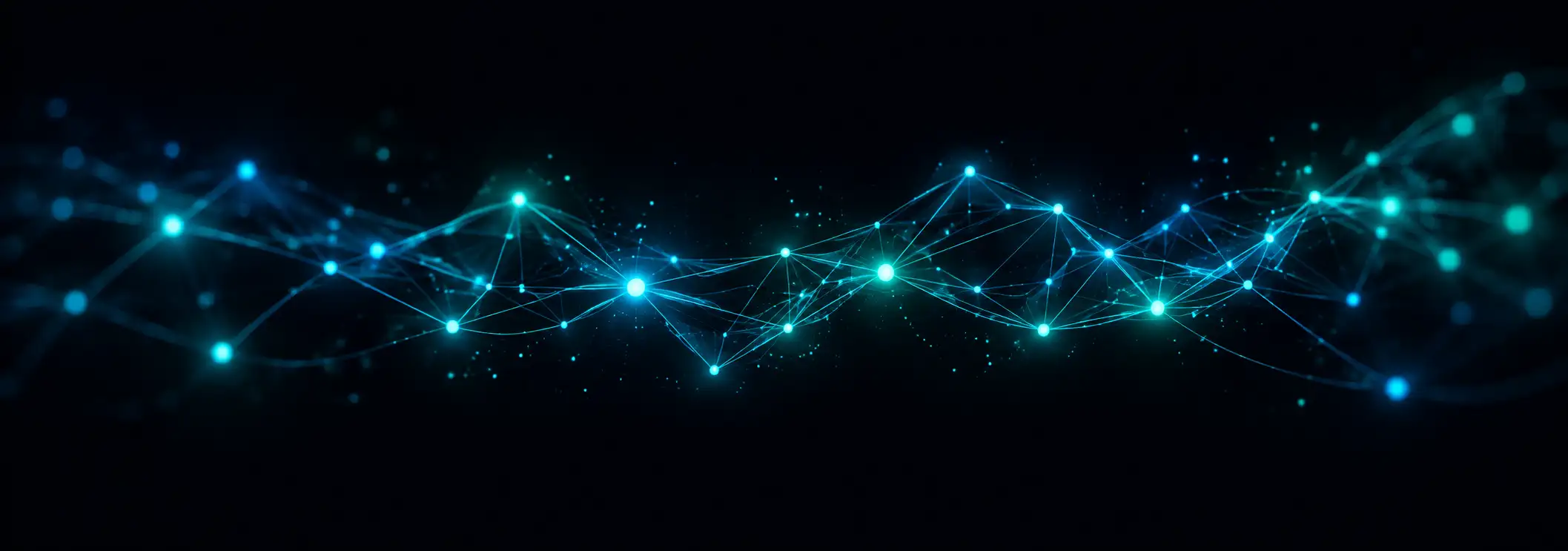 A calm horizontal band of a glowing cyan neural-network constellation — thin connecting lines between soft luminous nodes on deep navy.